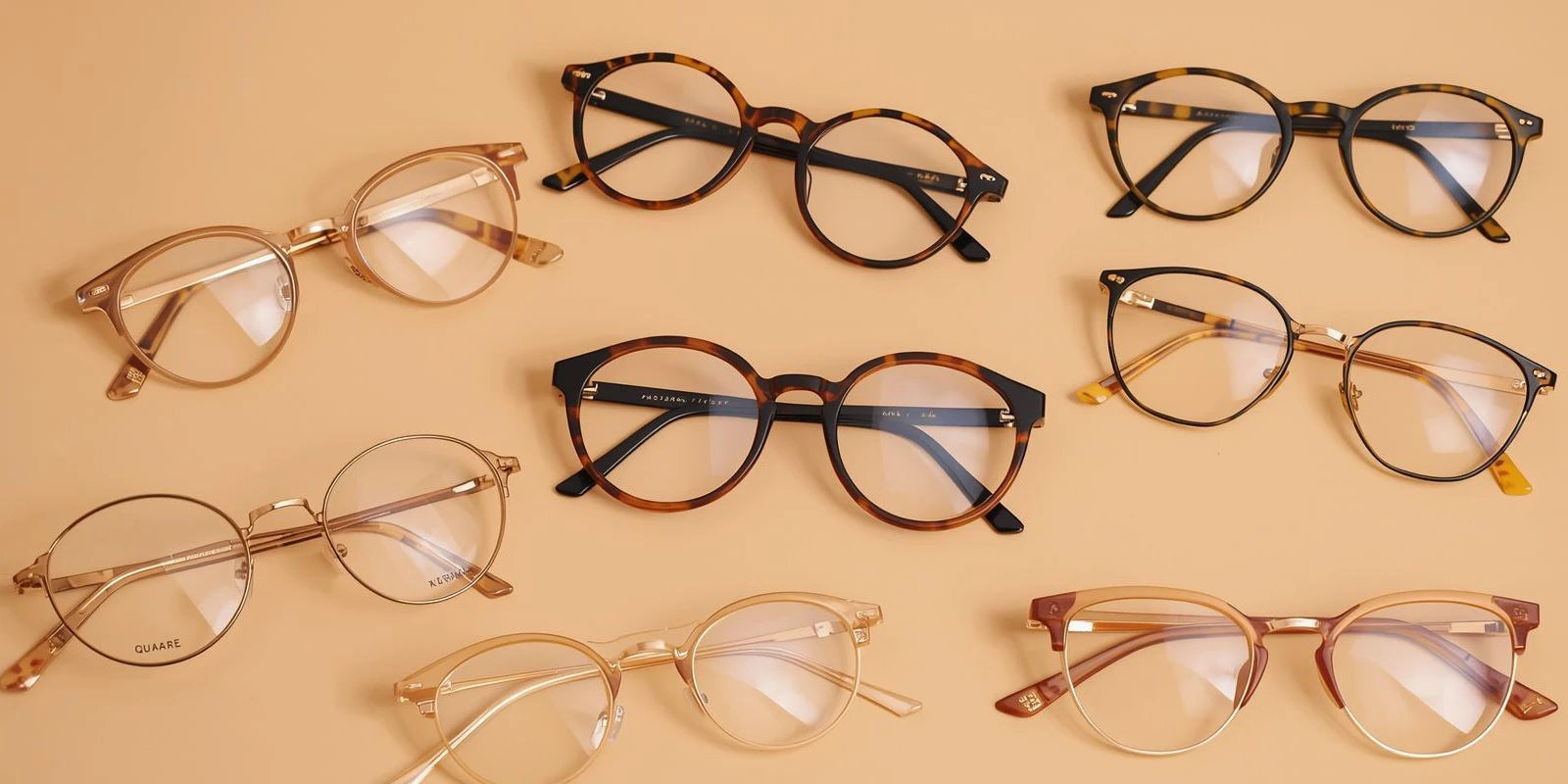 Collection of various eyeglasses on a beige background